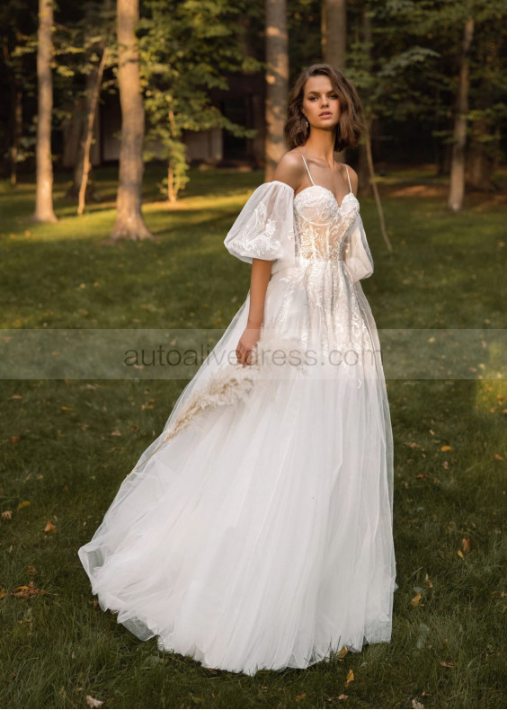 Ivory Shinning Lace Tulle Flowing Wedding Dress With Detachable Sleeves Ivory Shinning Lace Tulle Flowing Wedding Dress With Detachable Sleeves